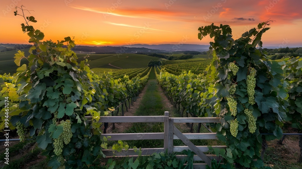 Fototapeta premium Stunning Vineyard Landscape at Sunset: Lush Green Grapevines Stretching Across Rolling Hills, Framed by a Rustic Wooden Gate Under a Colorful Evening Sky
