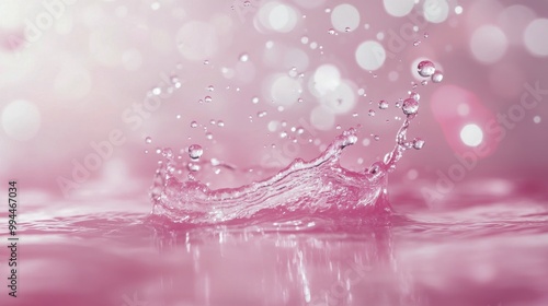 Water droplet splash creating ripples in a soft pink background during daytime