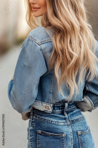 A woman with long blonde hair stands outdoors in a denim jacket, enjoying a s...