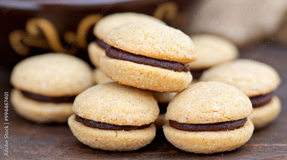 Baci di Dama cookies. Italian Piedmont sandwich biscuit consisting of two hazelnut biscuits joined together by a chocolate filling. Baci di Dama cookies. Italian Piedmont sandwich biscuit consisting of two hazelnut biscuits joined together by a chocolate filling.