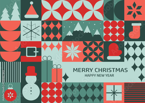 Christmas greeting card featuring festive symbols on a geometric background with simple shapes, blending creative and modern art elements.