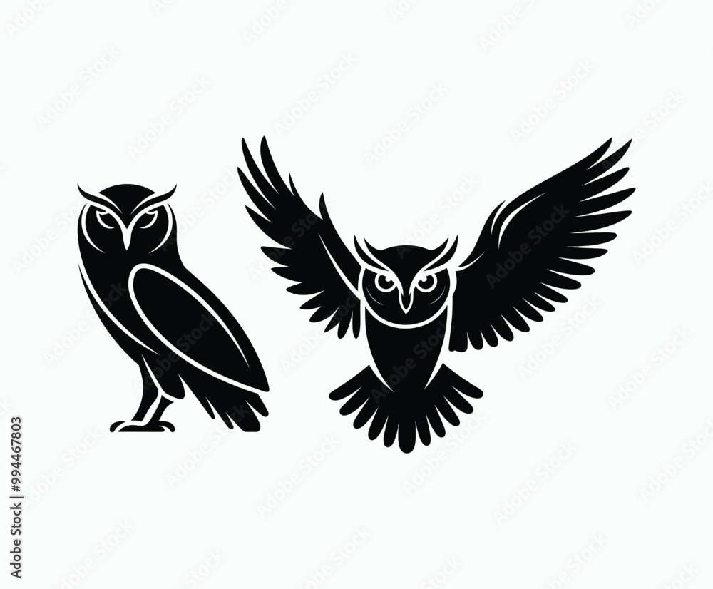 Obraz premium Owl bird silhouette editable EPS vector isolated illustration template on a white background