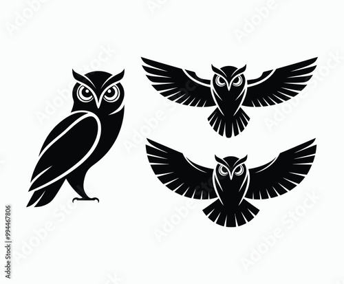 Owl bird silhouette editable EPS vector isolated illustration template on a white background