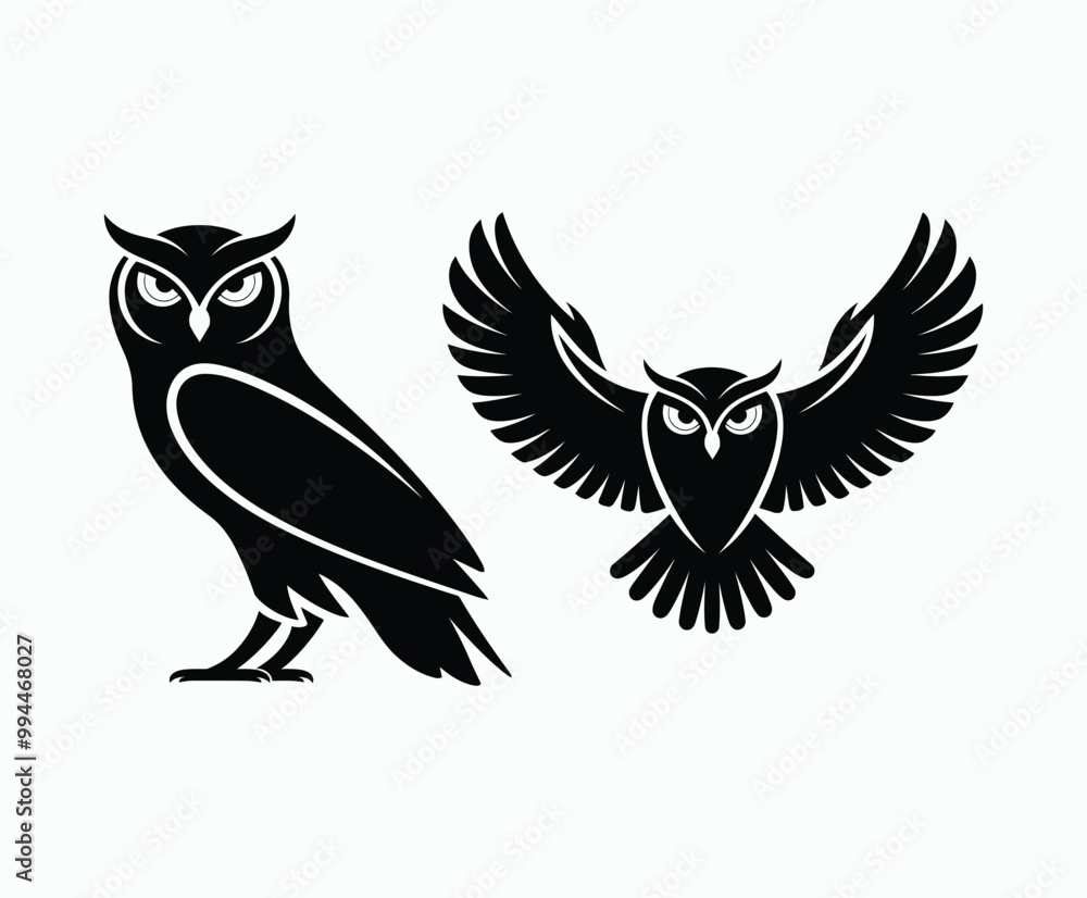 Obraz premium Owl bird silhouette editable EPS vector isolated illustration template on a white background