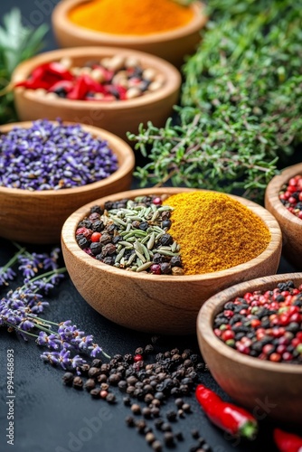 A colorful assortment of spices and herbs arranged in wooden bowls on a dark ...