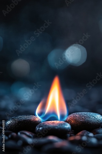 Flames rising from smooth stones on a dark surface in a tranquil setting