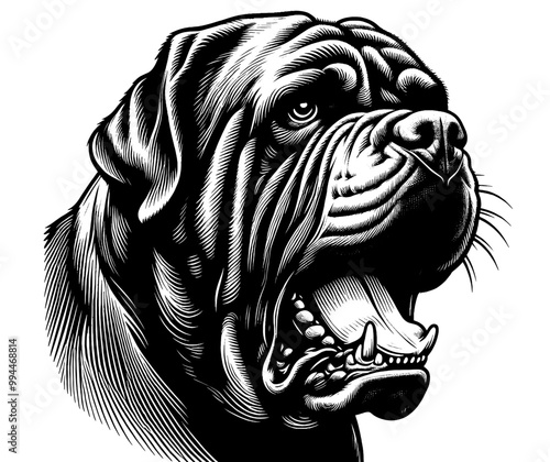 Hand drawn fierce Neapolitan Mastiff portrait, vector sketch isolated on white background.	