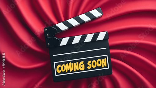 A top view of a movie clapper on rests on luxurious silk red cloth fabric background, with 