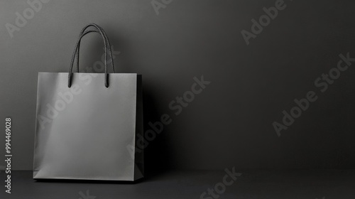 Simple black shopping bag displayed on a dark background highlighting its ele...