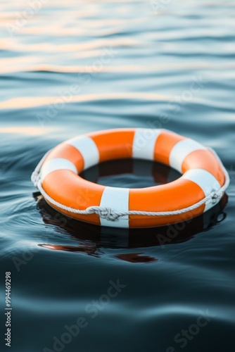 A life ring floats peacefully on calm water during a sunny day by the lake