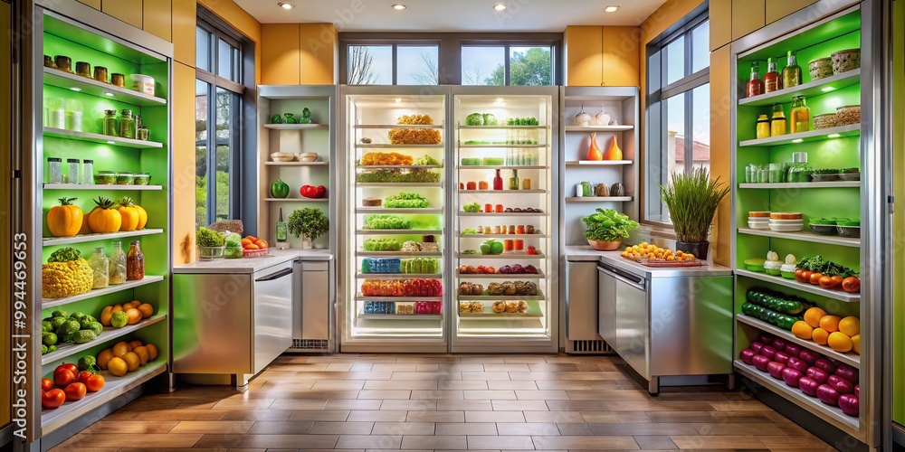 Spacious luxury walk-in fridge with organized shelves and elegant design for gourmet food storage Spacious luxury walk-in fridge with organized shelves and elegant design for gourmet food storage