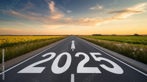 Road to 2025 with an empty road with written 2025 and arrow pointing towards the horizon to represent the future and positivity and success of the new year 2025