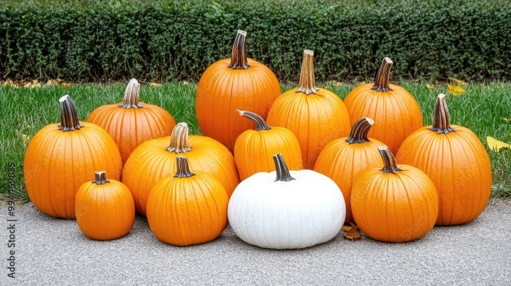 A lively pumpkin patch showcases pumpkins of different sizes nestled on lush green grass, surrounded by colorful autumn foliage under a bright sky A lively pumpkin patch showcases pumpkins of different sizes nestled on lush green grass, surrounded by colorful autumn foliage under a bright sky