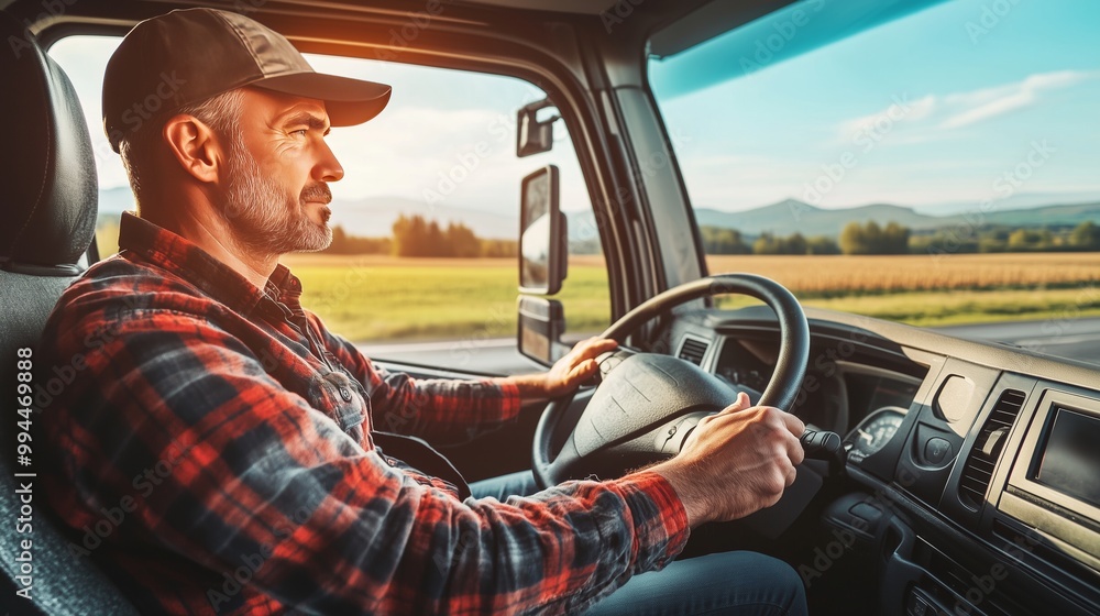 A focused truck driver navigates a scenic route, embodying dedication and adventure.