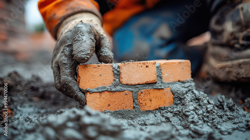 Close-up of a worker’s hand placing a brick with wet cement, showcasing construction work, precision, and craftsmanship in building a brick wall