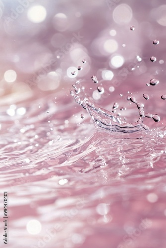 Captivating water droplets creating ripples against a soft pink backdrop in a...
