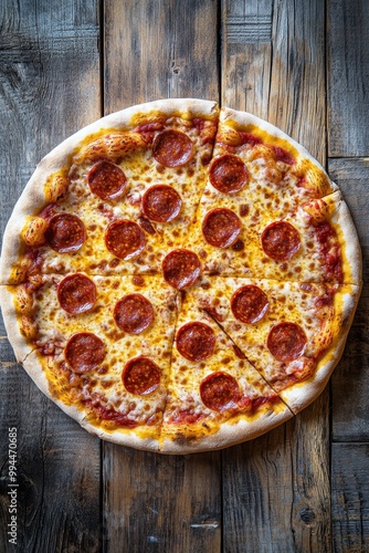 Delicious pepperoni pizza on rustic wooden table ready to be served for a cas...