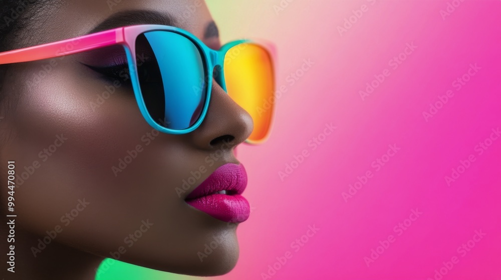 A woman with colorful sunglasses poses against a vibrant pink and green background during daylight A woman with colorful sunglasses poses against a vibrant pink and green background during daylight