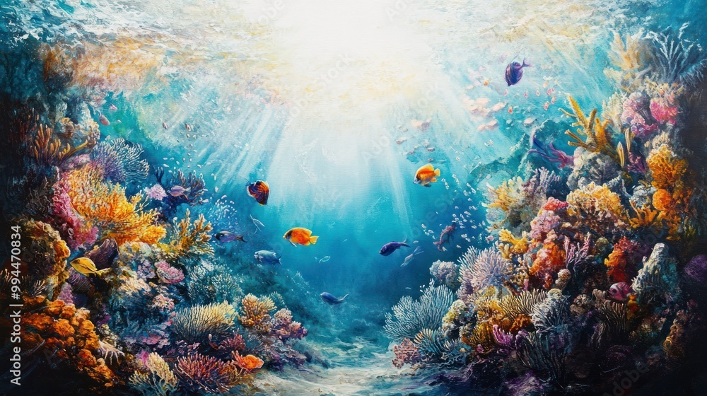 Fototapeta premium Underwater Scene with Vibrant Coral Reef and Fish
