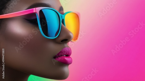 A woman with colorful sunglasses poses against a vibrant pink and green backg...