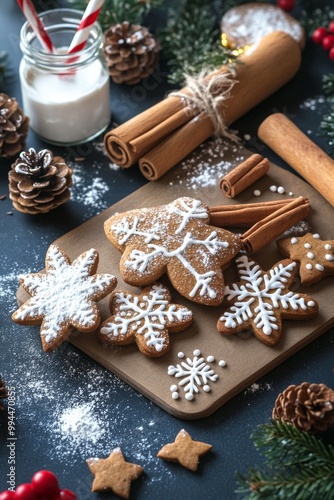 Festive cookie baking setup with spices, pine, and decorations during the hol...
