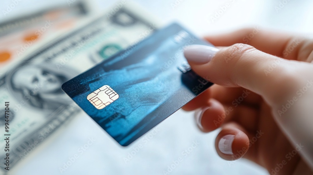 hand holding credit card against the background of dollar bills hand holding credit card against the background of dollar bills