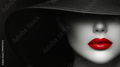 A striking portrait of a woman with red lips and a wide-brimmed black hat in ...
