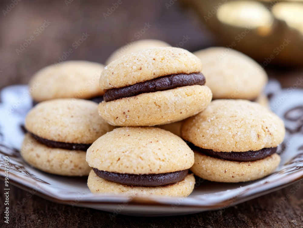 Baci di Dama cookies. Italian Piedmont sandwich biscuit consisting of two hazelnut biscuits joined together by a chocolate filling. Baci di Dama cookies. Italian Piedmont sandwich biscuit consisting of two hazelnut biscuits joined together by a chocolate filling.