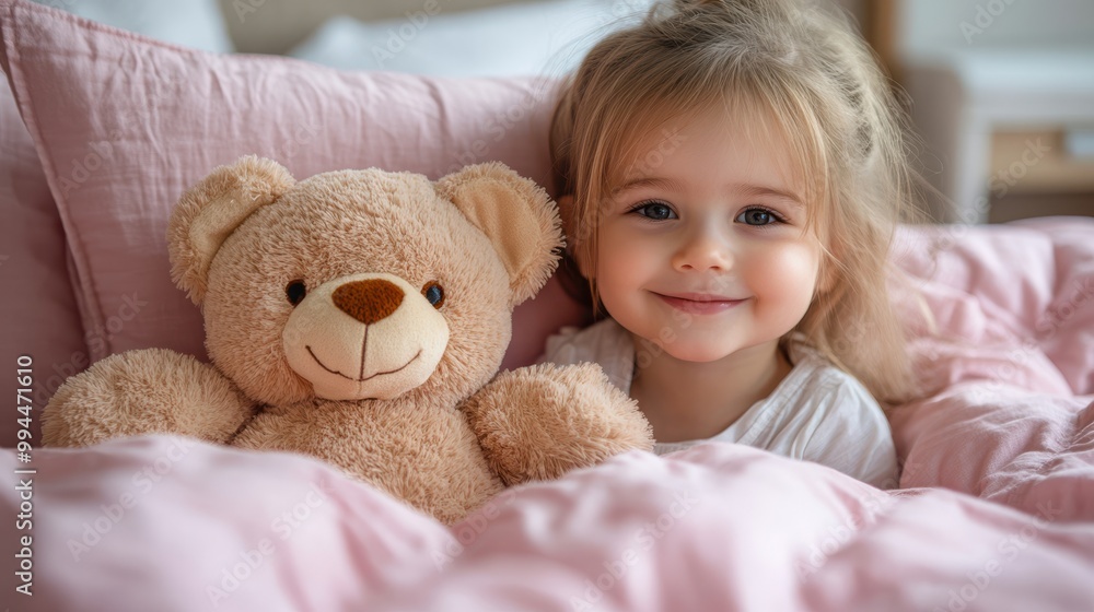 Smiling little girl hugging a plush teddy bear, lying on a fluffy pink blanket in a cozy bedroom, capturing the warmth and innocence of childhood Smiling little girl hugging a plush teddy bear, lying on a fluffy pink blanket in a cozy bedroom, capturing the warmth and innocence of childhood