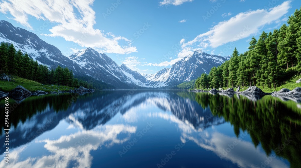 Serene Mountain Lake Reflection Under Blue Sky Serene Mountain Lake Reflection Under Blue Sky