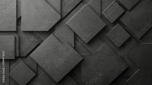 Modern textured wall design featuring black square tiles arranged in a geomet...