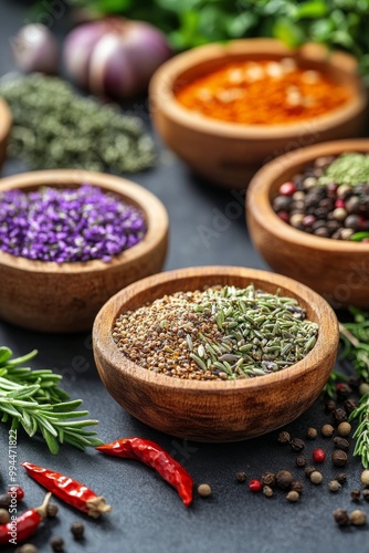 A colorful assortment of spices and herbs arranged in wooden bowls on a dark ...