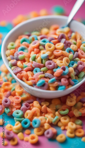 Cereals fruit loops milk pouring into a bowl colorful background vibrant colors playful breakfast en