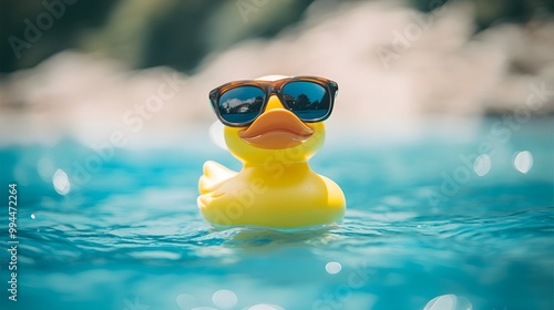 a quacking rubber ducky with sunglasses in a very blue and beautiful pool, summer vibes wallpaper