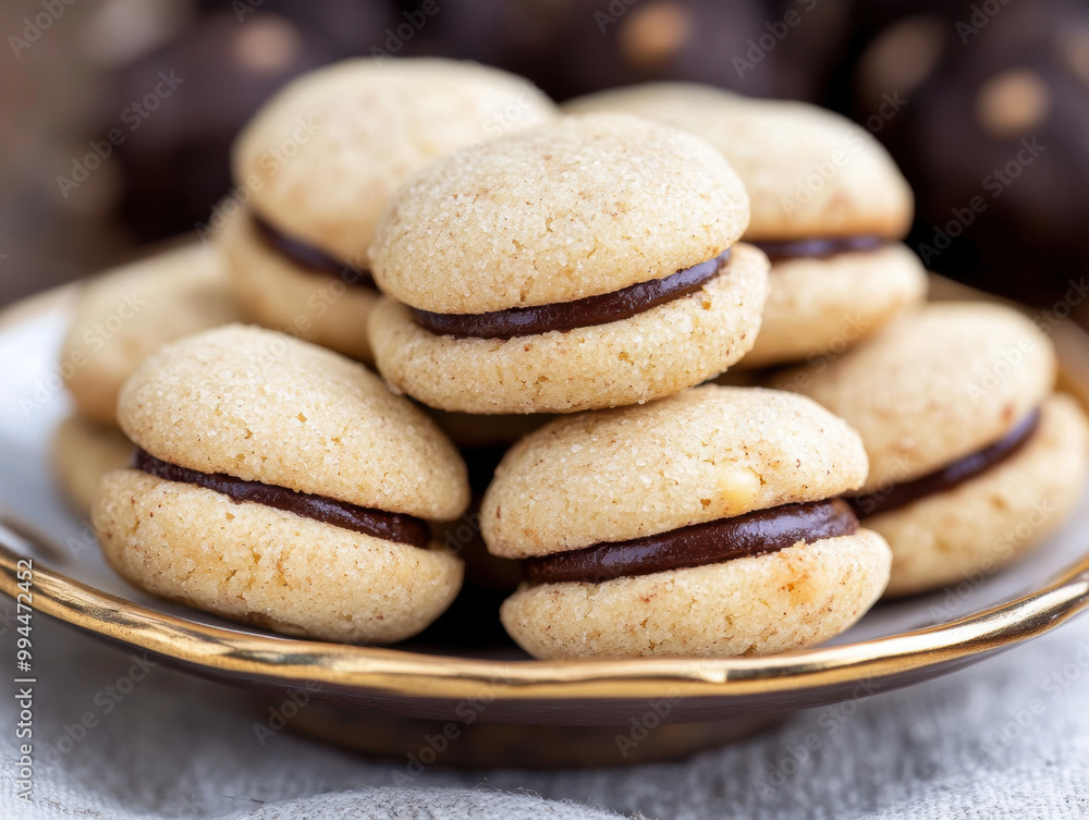 Baci di Dama cookies. Italian Piedmont sandwich biscuit consisting of two hazelnut biscuits joined together by a chocolate filling. Baci di Dama cookies. Italian Piedmont sandwich biscuit consisting of two hazelnut biscuits joined together by a chocolate filling.