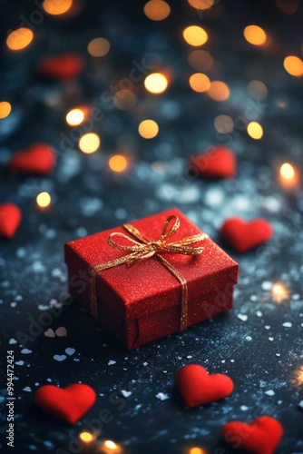 A red gift box sits amidst scattered heart shapes and soft glowing lights on ...