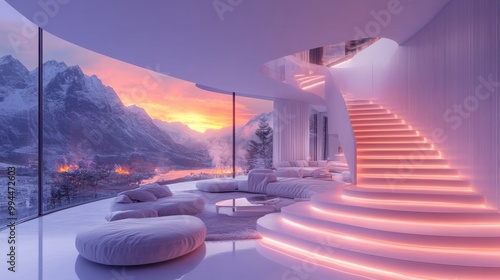 Luxury modern interior with illuminated staircase and panoramic view of snow-covered mountains at sunset. Contemporary design, glass walls, cozy seating, winter retreat, architectural masterpiece. photo