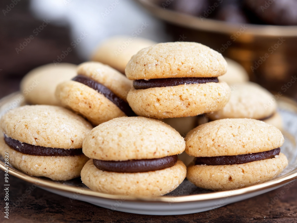 Baci di Dama cookies. Italian Piedmont sandwich biscuit consisting of two hazelnut biscuits joined together by a chocolate filling. Baci di Dama cookies. Italian Piedmont sandwich biscuit consisting of two hazelnut biscuits joined together by a chocolate filling.