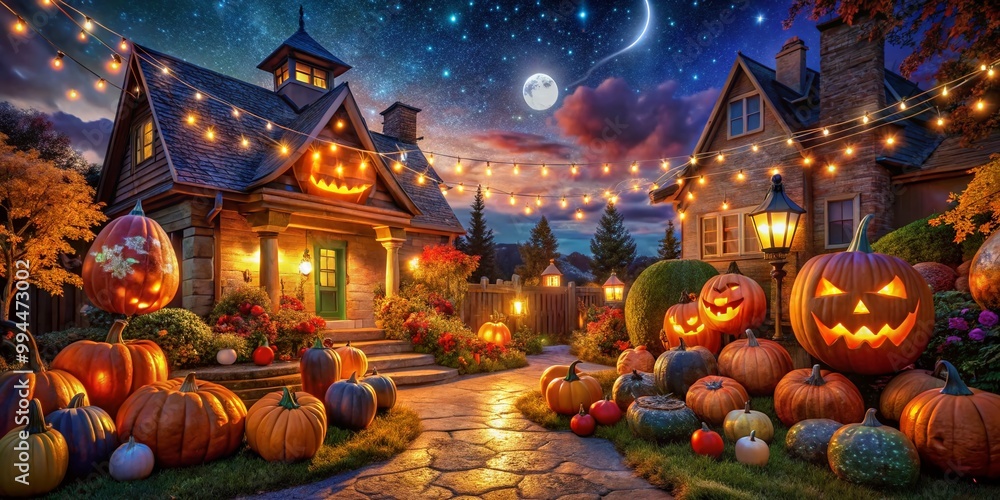 Spooky Halloween Decorations and Festive Atmosphere Captured in October's Enchanting Night Sky Spooky Halloween Decorations and Festive Atmosphere Captured in October's Enchanting Night Sky