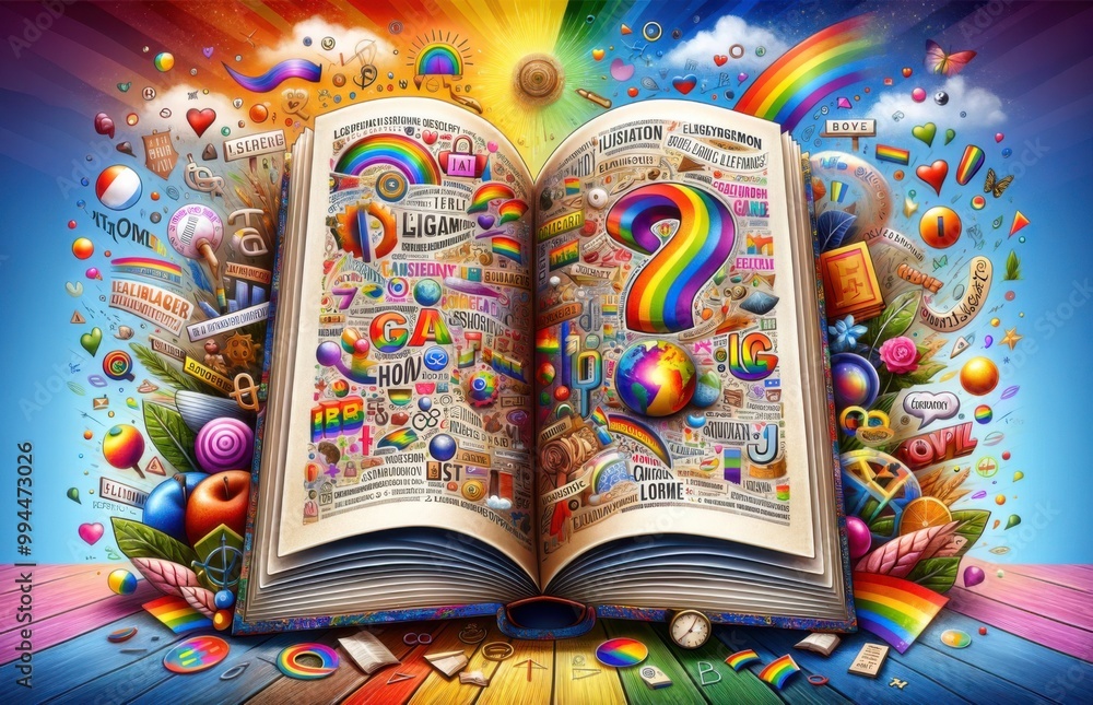 Fototapeta premium Exploding book of queerness, gay agenda, gay dictionary, LGBTQ+ dictionary