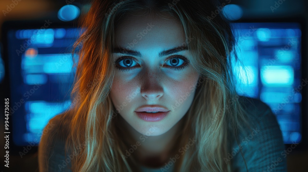 Close-up portrait of young woman with intense blue eyes in front of glowing computer screens. Cyber security professional, technology expert, futuristic work environment, digital innovation. Close-up portrait of young woman with intense blue eyes in front of glowing computer screens. Cyber security professional, technology expert, futuristic work environment, digital innovation.