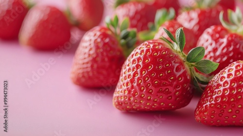 Freshly harvested strawberries on a pink background ready for consumption or ...
