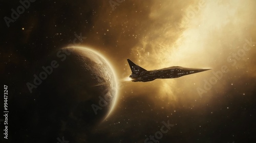 A mysterious spacecraft glides through the cosmos near a glowing star and dis...