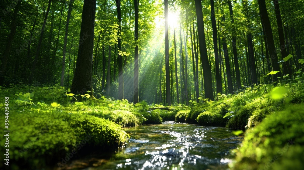 Obraz premium Sunlight Streaming Through Lush Green Forest
