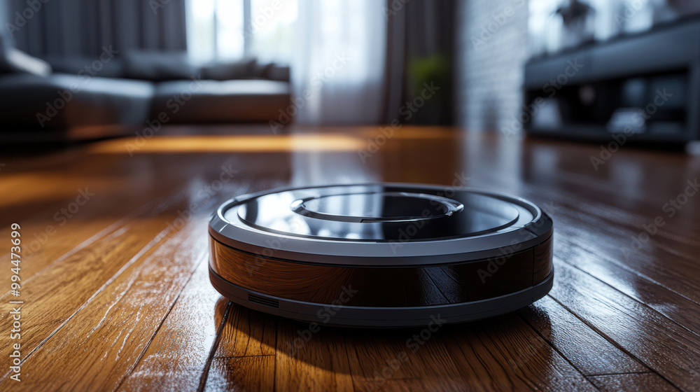 Modern robotic vacuum cleaner on wooden floor in living room, smart home technology, automated cleaning, efficient cleaning tool, home robotics, clean hardwood floors, smart living innovation. Modern robotic vacuum cleaner on wooden floor in living room, smart home technology, automated cleaning, efficient cleaning tool, home robotics, clean hardwood floors, smart living innovation.