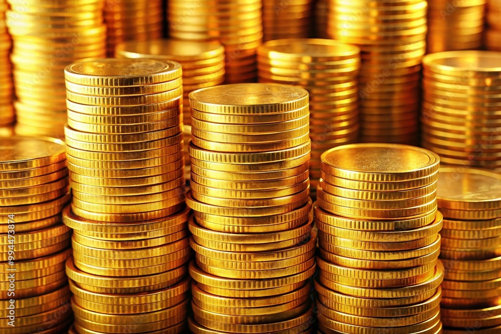 Stacks of shiny gold coins creating a wealth concept, prosperity, and financial success backdrop Stacks of shiny gold coins creating a wealth concept, prosperity, and financial success backdrop