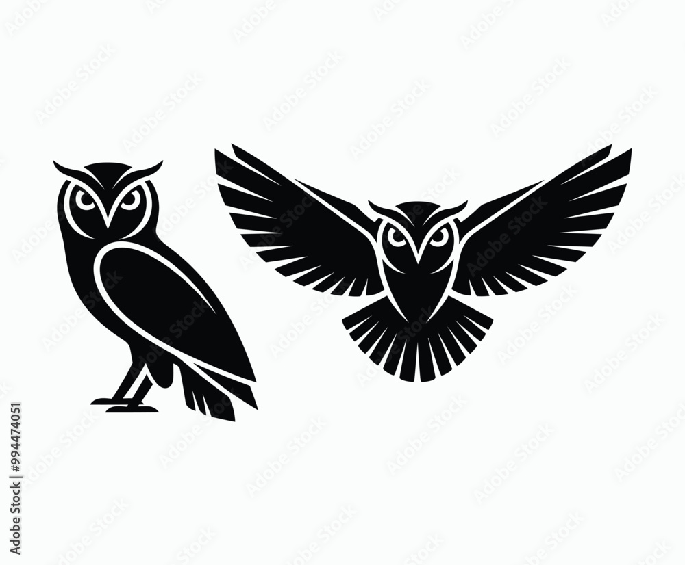 Obraz premium Owl bird silhouette editable EPS vector isolated illustration template on a white background