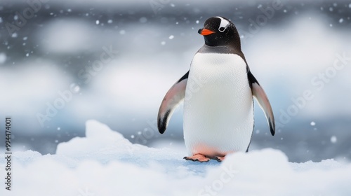 A gentoo penguin standing on ice surrounded by falling snow in the Antarctic ...