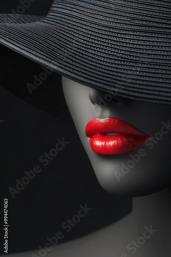 Elegant close-up of a mannequin showcasing bold red lips and a stylish black ...