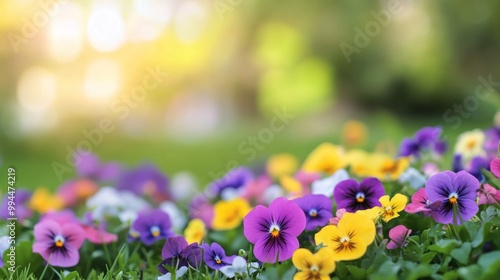 Colorful flower garden with blooming pansies and daisies in sunny spring weather